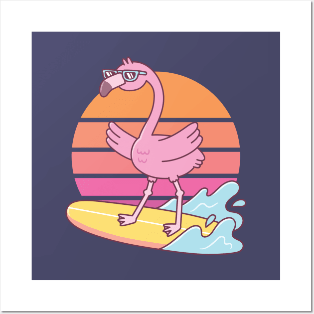 Funny Flamingo Surfing On Surfboard Sunset Wall Art by rustydoodle